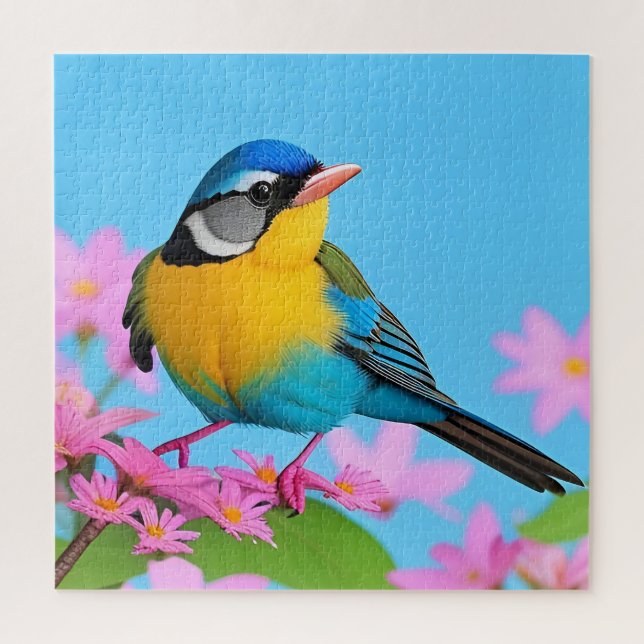 Farbiger Vogel auf blühendem Ast (Vertikal)