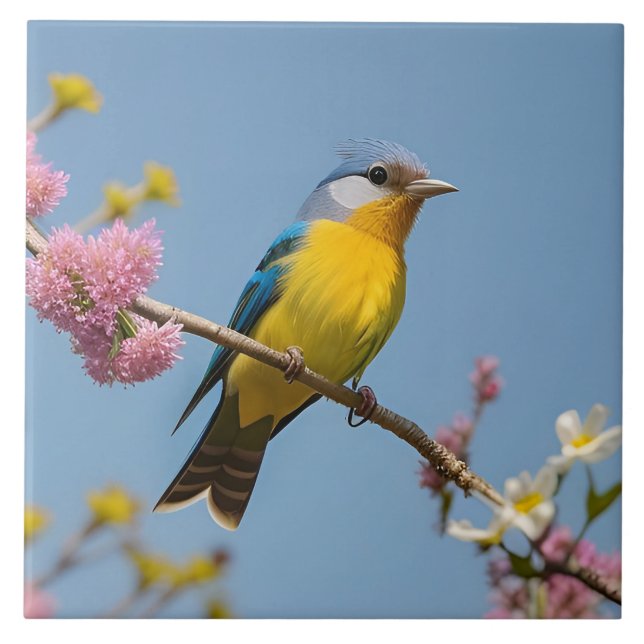 Farbiger Vogel auf blühendem Ast Fliese (Vorderseite)