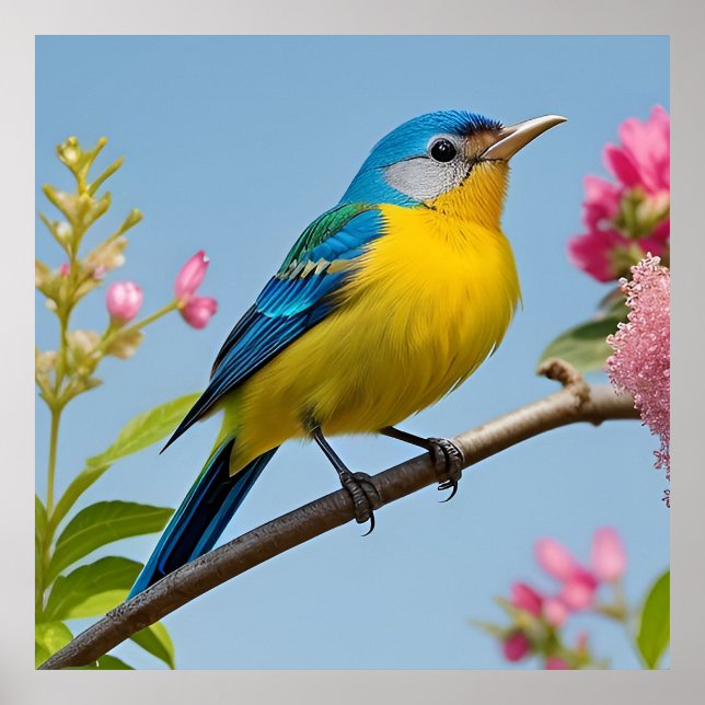 Farbiger Vogel auf blühender Zweigstelle Poster (Vorne)
