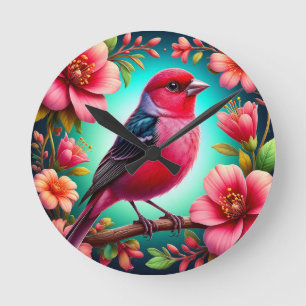 Farbiger Vogel auf einem Ast sitzend Runde Wanduhr