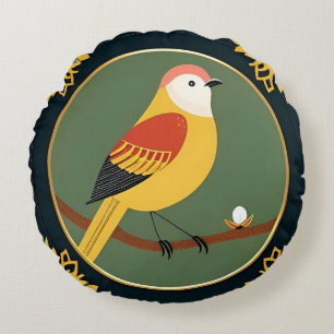 Farbiger Vogel in kunstvoll gerahmtem Kunstwerk Rundes Kissen