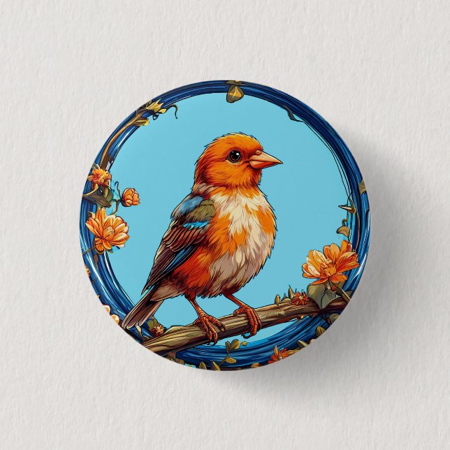 Farbiger Vogel mit Blumenrahmen Button (Vorderseite)