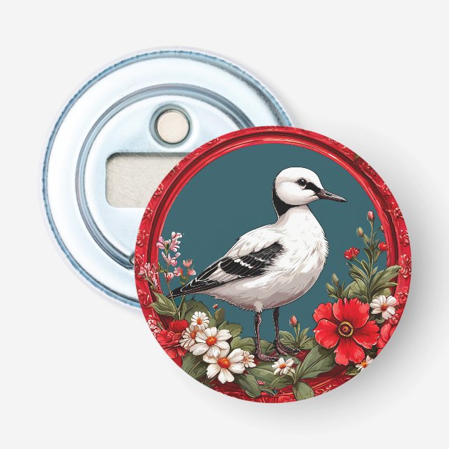 Farbiger Vogel mit Blumenrahmen Flaschenöffner (Vorderseite)