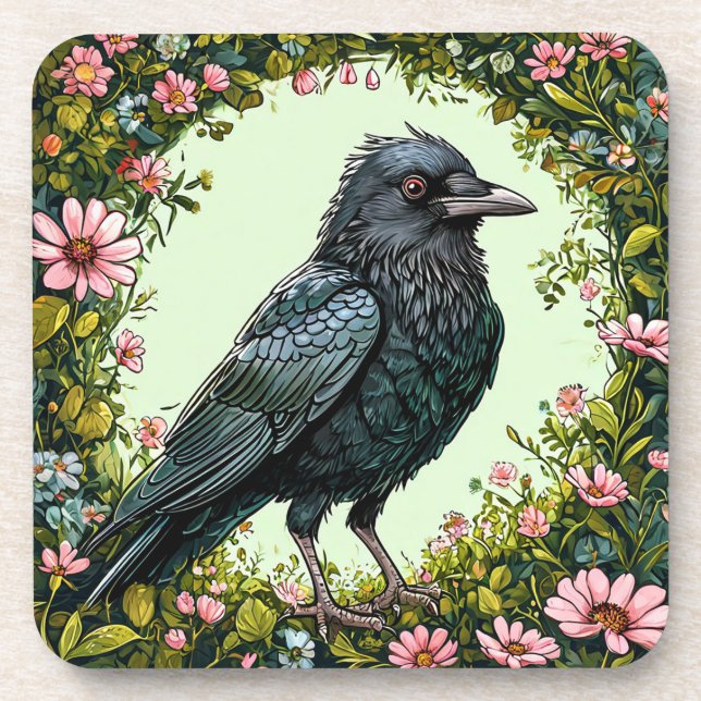 Farbiger Vogel mit Blumenrahmen Getränkeuntersetzer (Vorderseite)