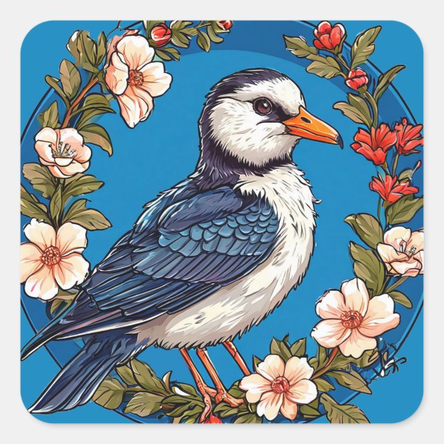 Farbiger Vogel mit Blumenrahmen Quadratischer Aufkleber (Vorderseite)