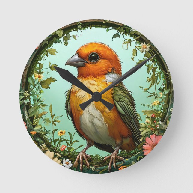 Farbiger Vogel mit Blumenrahmen Runde Wanduhr (Vorderseite)