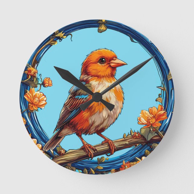 Farbiger Vogel mit Blumenrahmen Runde Wanduhr (Vorderseite)