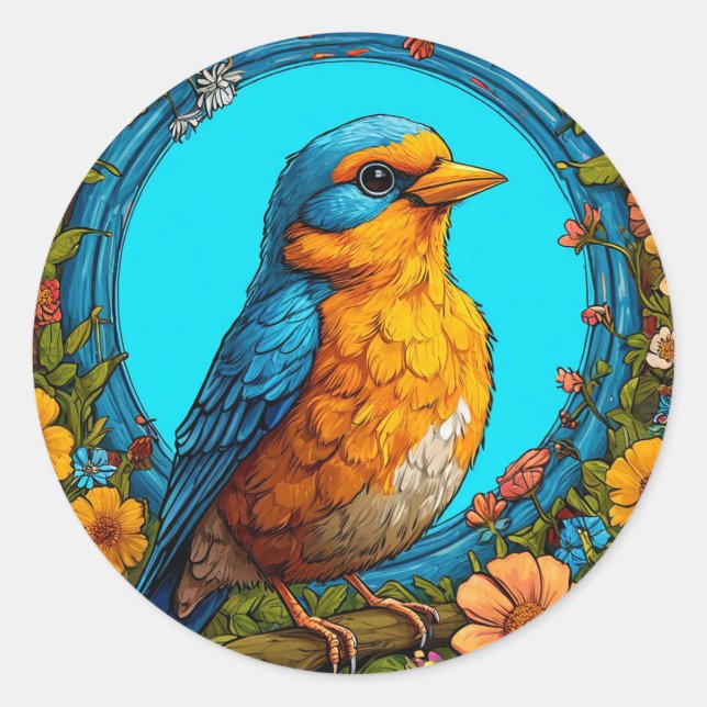 Farbiger Vogel mit Blumenrahmen Runder Aufkleber (Vorderseite)