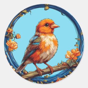 Farbiger Vogel mit Blumenrahmen Runder Aufkleber