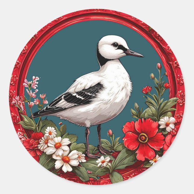 Farbiger Vogel mit Blumenrahmen Runder Aufkleber (Vorderseite)