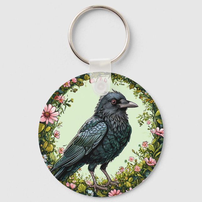 Farbiger Vogel mit Blumenrahmen Schlüsselanhänger (Vorderseite)