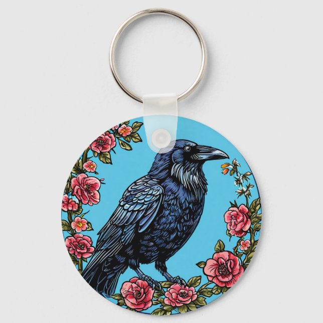 Farbiger Vogel mit Blumenrahmen Schlüsselanhänger (Vorderseite)