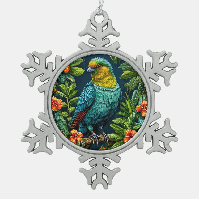 Farbiger Vogel mit Blumenrahmen Schneeflocken Zinn-Ornament (Vorderseite)