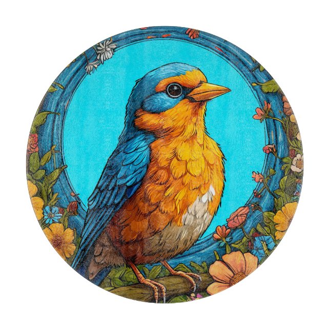 Farbiger Vogel mit Blumenrahmen Schneidebrett (Vorderseite)