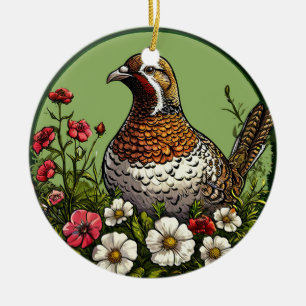 Farbiger Vogel mit floralem Rahmen Keramik Ornament
