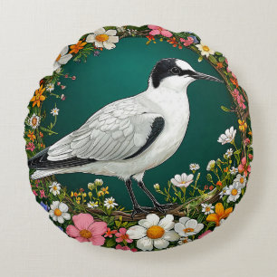 Farbiger Vogel mit floralem Rahmen Rundes Kissen