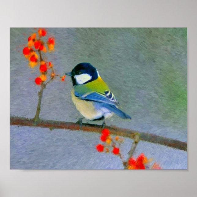 Farbiger Vogel mit rot-orangefarbenen Blume Poster (Vorne)