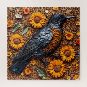 Farbiger Vogel mit Sonnenblumen arrangiert