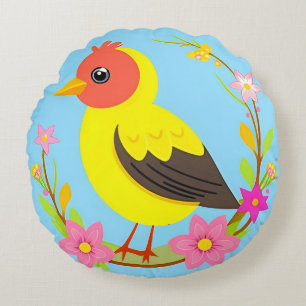 Farbiger Vogel umgeben von einem Blumenkranz Rundes Kissen
