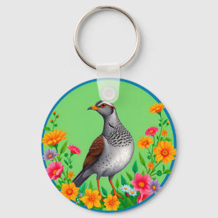 Farbiger Vogel unter blühenden Blumen Schlüsselanhänger