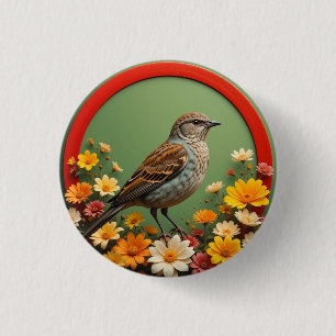 Farbiger Vogel zwischen blühenden Blumen in dekora Button