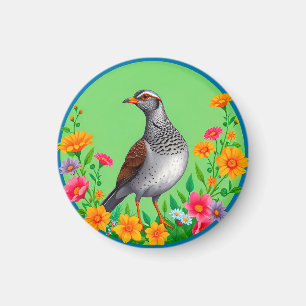 Farbiger Vogel zwischen blühenden Blumen Magnet