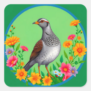 Farbiger Vogel zwischen blühenden Blumen Quadratischer Aufkleber