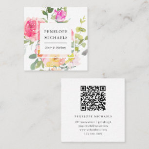 Farbiger Wasserfarben-Blumen-QR-Code Weiß Quadratische Visitenkarte