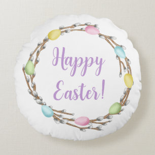 Farbiger Wasserfarben-Weidenkranz Frohe Ostern Rundes Kissen