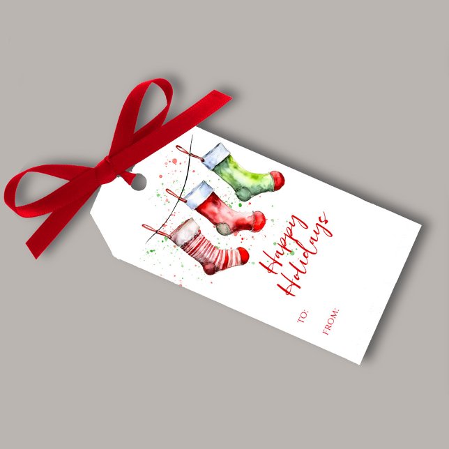Farbiger Weihnachtswasserfarben Strumpf von und na Geschenkanhänger (Happy Holiday watercolor custom gift tag. )