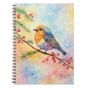 Farbiger Winter-Singvogel auf Beerenzweig Aquarell Notizblock