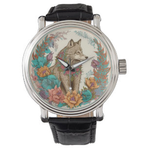 Farbiger Wolf mit Blume Armbanduhr