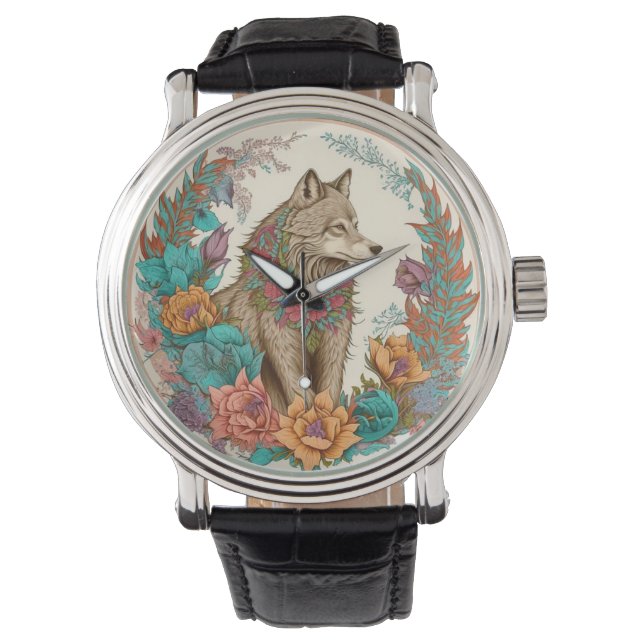 Farbiger Wolf mit Blume Armbanduhr (Vorderseite)