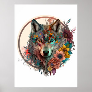 Farbiger Wolf mit Blume Poster