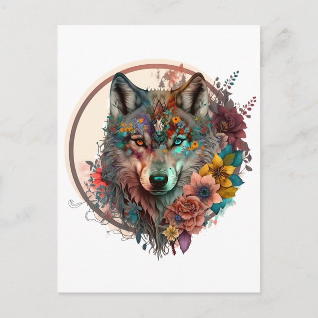 Farbiger Wolf mit Blume Postkarte (Vorderseite)
