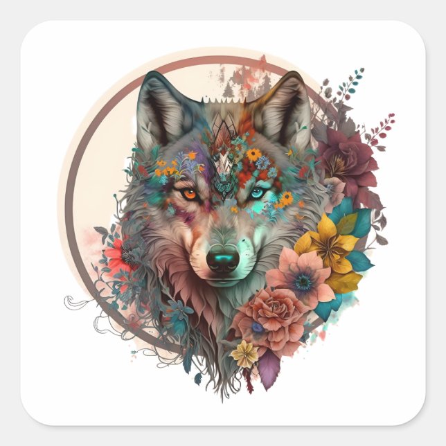 Farbiger Wolf mit Blume Quadratischer Aufkleber (Vorderseite)