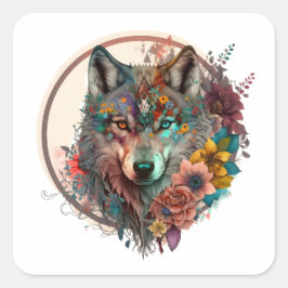 Farbiger Wolf mit Blume Quadratischer Aufkleber