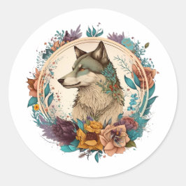 Farbiger Wolf mit Blume Runder Aufkleber