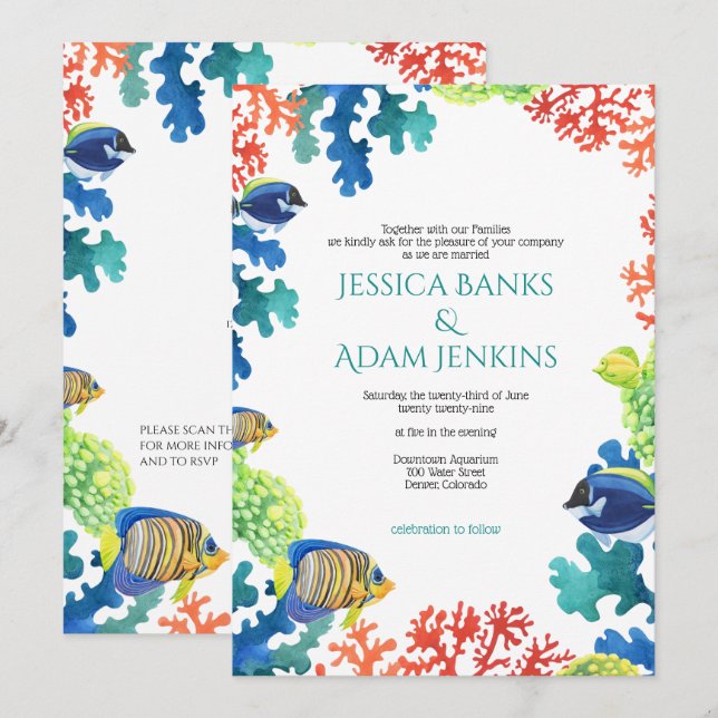 Farbiges Aquarium mit QR Code Einladung Hochzeit (Vorne/Hinten)