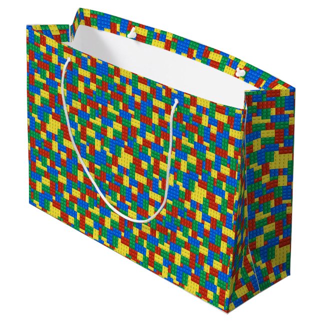 Farbiges Baustein-Spielzeugblock-Muster Große Geschenktüte (Rückseite Schrägansicht)