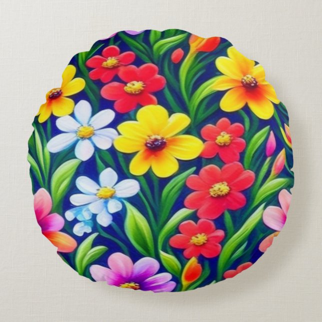 Farbiges Blumenmuster Rundes Kissen (Vorderseite)