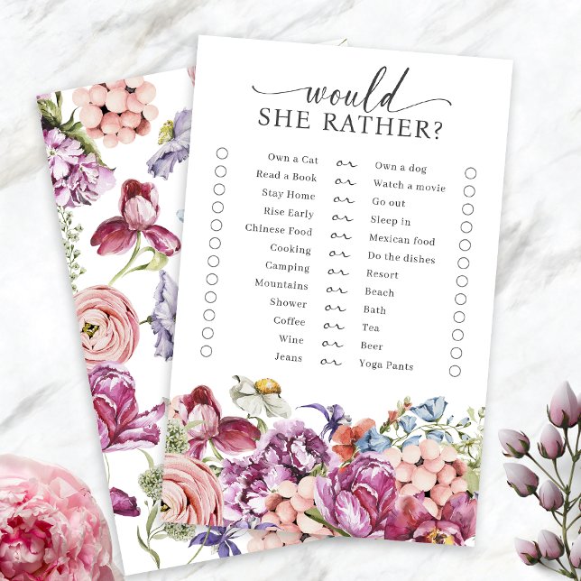 Farbiges Brautparty (Colorful Jewel Tone Wildflower  Would She Rather Bridal Shower Game by Painted Paperie
)