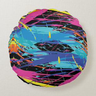 Farbiges Chaos: Splashes und Linien Rundes Kissen