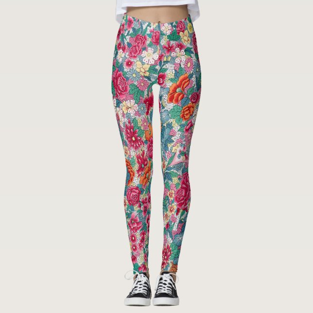 Farbiges chinesisches Blumenmuster Leggings (Vorderseite)