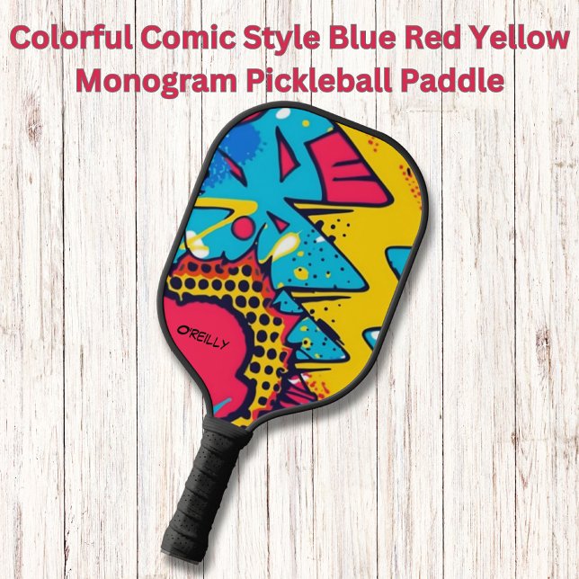 Farbiges Comic Blauer Rot-Gelbe Monogramm Pickleball Schläger (Von Creator hochgeladen)