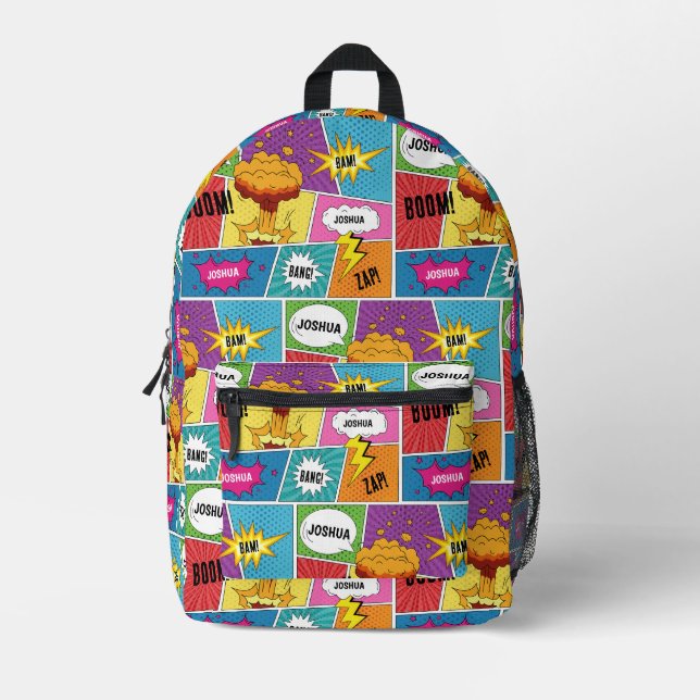Farbiges Comic Personalisierter Name Pop Art Bedruckter Rucksack (Vorderseite)