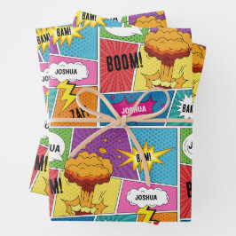 Farbiges Comic Personalisierter Name Pop Art Geschenkpapier Set