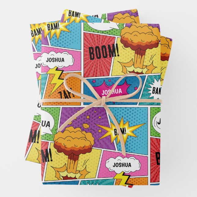 Farbiges Comic Personalisierter Name Pop Art Geschenkpapier Set (Beispiel)