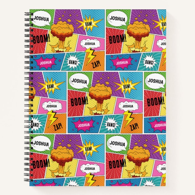 Farbiges Comic Personalisierter Name Pop Art Notizbuch (Vorderseite)