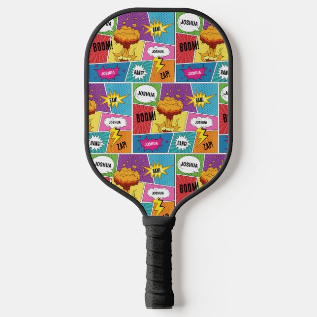 Farbiges Comic Personalisierter Name Pop Art Pickleball Schläger (Vorderseite)